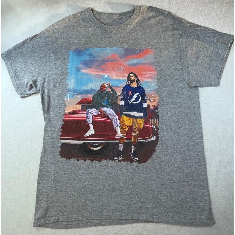 Kendrick Lamar J Cole Graphic T-Shirt Mens Gray Hip Hop Rap Streetwear Tee